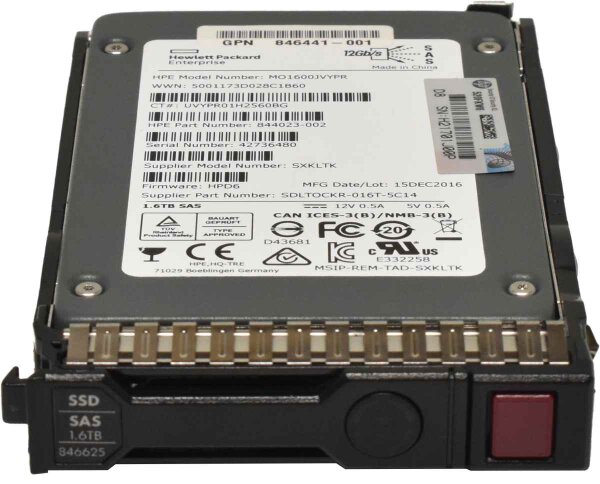 HP 1,6 TB 2.5“ 12Gbps SAS SSD MO1600JVYPR 846625-001 G8 G9 G10 Rahmen